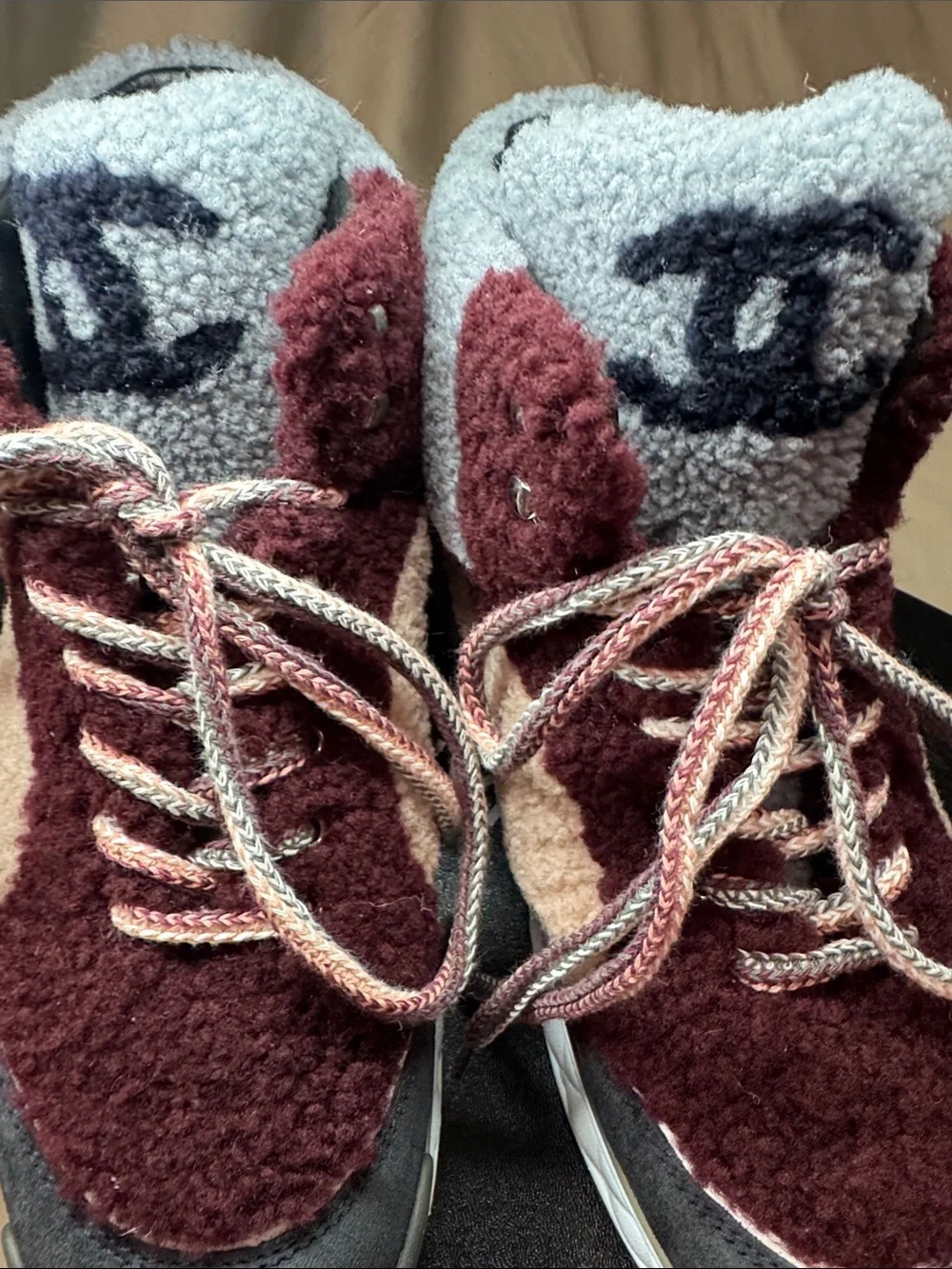 CHANEL womens Burgundy & Gray Shearling High-Top Sneakers